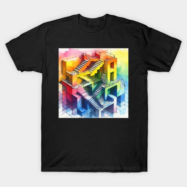 Psychedelic looking abstract illustration of Escher stairs T-Shirt by WelshDesigns